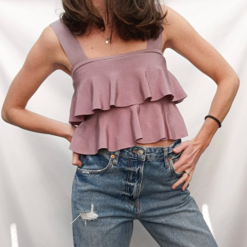 Zara Ruffle Knit Layered Crop Top S